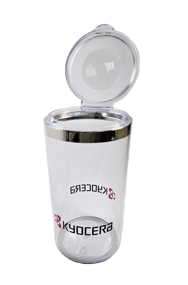 Kyocera Dunktainer (4.5" dia x 8" tall hinged lid, clear, red/black logo) [MKT-036] 